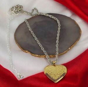 White & Yellow Gold Heart Locket Pendant Necklace Mixed Metals Personalized Gift